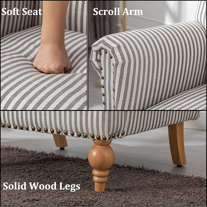 Midcentury Modern Accent Chair Comfy Linen Fabric Armchair Wide Reading Chairs Upholstered Lounge Couch Chair for Bedroom/Living Room, Black Stripe