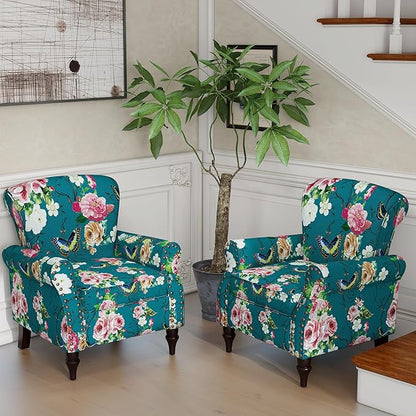 Accent Chair, Upholstered High Back Floral Armchair with Nailhead Trim & Wood Legs, Comfy Wingback Reading Single Sofa Chair for Small Spaces, Living Room, Bedroom (Blue Floral, Set of 1)