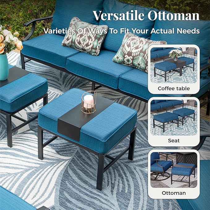 Patio Furniture Set 5 pcs, Outdoor Patio Furniture, 3-Seat Sofa, 2 Single Chairs, 2 Ottomans and 5.75" Extra Thick Cushion, Conversation Set for Backyard Deck,Gemstone Blue
