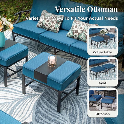 Patio Furniture Set 5 pcs, Outdoor Patio Furniture, 3-Seat Sofa, 2 Single Chairs, 2 Ottomans and 5.75" Extra Thick Cushion, Conversation Set for Backyard Deck,Gemstone Blue