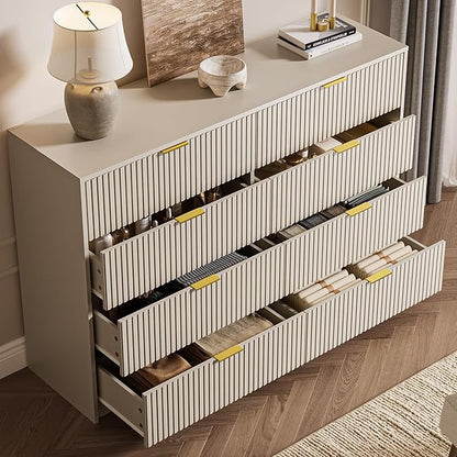 3-Piece Dresser Bedroom Set, 8 Drawer Dresser & 3 Drawer Nightstands with Gold Handles, Fluted Wood Chest of Drawers for Bedroom, Living Room, Entryway, Beige