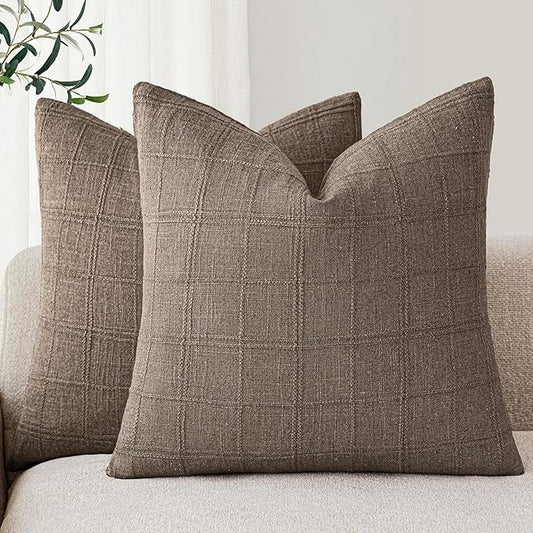 Foindtower Set of 2 Decorative Linen Check Throw Pillow Covers Neutral Farmhouse Vintage Cushion Covers Modern Boho Home Decor for Sofa Chair Couch Bedroom Living Room,20×20 Inch,Taupe Grey