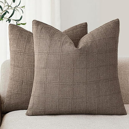 Foindtower Set of 2 Decorative Linen Check Throw Pillow Covers Neutral Farmhouse Vintage Cushion Covers Modern Boho Home Decor for Sofa Chair Couch Bedroom Living Room,16×16 Inch,Taupe Grey