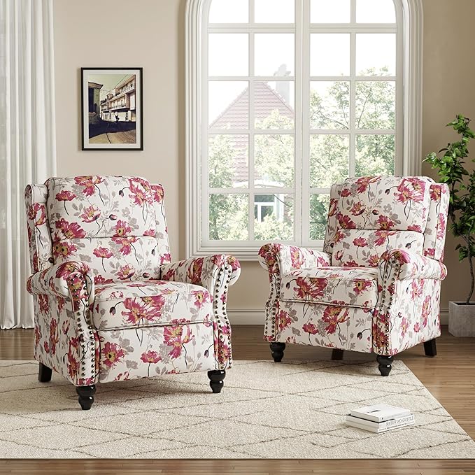 Pushback Recliner Chairs Set of 2, Upholstered Armchair Wingback Recliner Chair, Floral Fabric Push Back Recliner with Wood Legs, Rivet Trim Single Sofa Accent Chair for Living Room, Pattern White