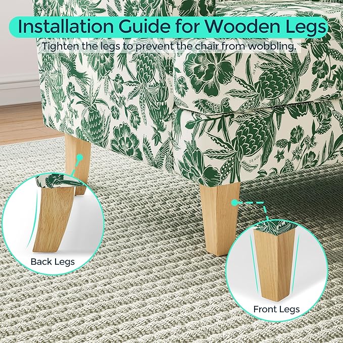 LINSY Floral Accent Chair, Large Armchair with Rubberwood Legs, Mid Century Upholstered Reading Chair, Comfy Oversized Single Sofa Chair for Living Room Bedroom Office Study, Floral Green