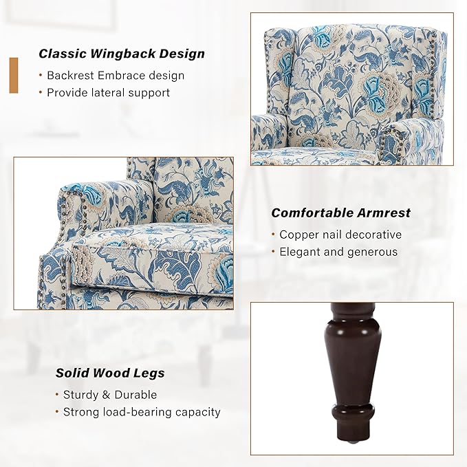 Floral Wingback Accent Chair, High Back Upholstered Armchair, Comfy Fabric Wingback Arms Chairs with Retro Solid Wood Legs, Single Sofa Reading Chair for Bedroom Living Room, Boho Blue