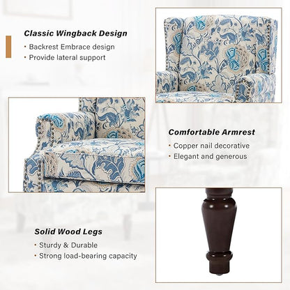Floral Wingback Accent Chair, High Back Upholstered Armchair, Comfy Fabric Wingback Arms Chairs with Retro Solid Wood Legs, Single Sofa Reading Chair for Bedroom Living Room, Boho Blue