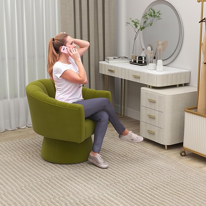 Swivel Accent Chair Set of 2, Upholstered Velvet 360° Swivel Barrel Chair for Living Room Overstuffed Bouncle Reading Chair Round Armchair for Bedroom,Vanity,Office (Grass-Green)
