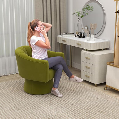 Swivel Accent Chair,Upholstered Velvet 360° Swivel Barrel Chair for Living Room Overstuffed Bouncle Reading Chair Round Armchair for Bedroom,Vanity,Office(Grass-Green)