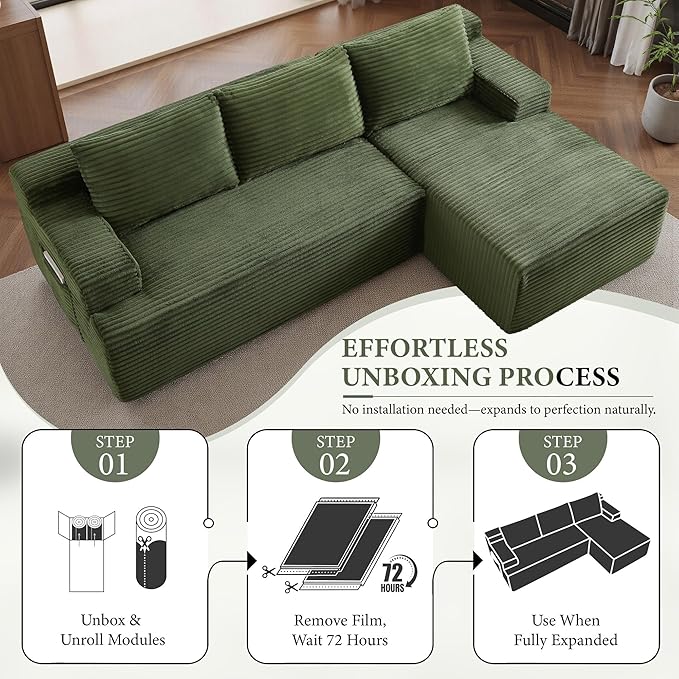 96''Sectional Couches for Living Room,Modern Modular Sectional Sofa,Upholstered Boneless Couch with Pockets,Comfy Cloud Couch with L Shaped Chaise(Green, 96''W Right Facing Chaise)