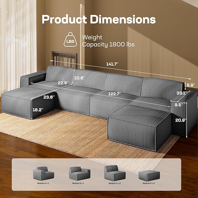 Marsail Modular Sectional Sofa, 142" U-Shaped Modular Sectional Couch with Deep Seat, Freely Combinable Sectional Cloud Sofa for Living Room, No Assembly, Plush Corduroy Fabric, Grey