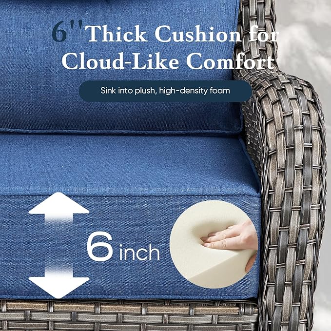 Belord Luxury 6" Thick Cushioned Outdoor Swivel Rocker Patio Chairs with Side Table, 3 Pieces High Back Wicker Furniture Set with Ergonomic Back, Conversation Gliders Set for Deck Porch - Grey+Blue