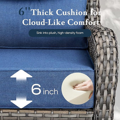 Belord Luxury 6" Thick Cushioned Outdoor Swivel Rocker Patio Chairs Set of 4 with Side Table, High Back Wicker Furniture Set with Ergonomic Zone Back, Conversation Set for Deck Porch - Grey+Blue