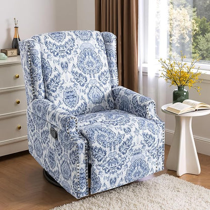 Pia Ricco Swivel Glider Recliner Chairs Set of 2, High Back Rocker Reclining Accent Chair with Smooth Manual Mechanism for Nursery, Comfortable & Quiet Upholstered Armchair Seating-Bule Pattern