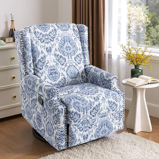 Premium 360° Swivel Recliner Chair with Footrest - Luxurious Cotton Linen & Botanical Design-Bule Pattern