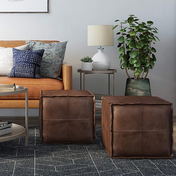 SIMPLIHOME Brody 18-inch Wide Square Pouf in Distressed Dark Brown Vegan Faux Leather, Boho-Style Ottoman, Footstool or Extra Seating for Living Room, Assembled