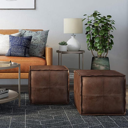 SIMPLIHOME Brody 18-inch Wide Square Pouf in Distressed Dark Brown Vegan Faux Leather, Boho-Style Ottoman, Footstool or Extra Seating for Living Room, Assembled