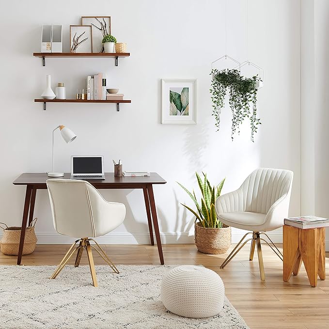 Zouron Mid Century Modern Swivel Accent Chair with Gold Metal Legs, Upholstered Swivel Chair No Wheels, Side Accent Arm Chair Vanity Chair for Small Space Home Office Living Room Bedroom, Off White