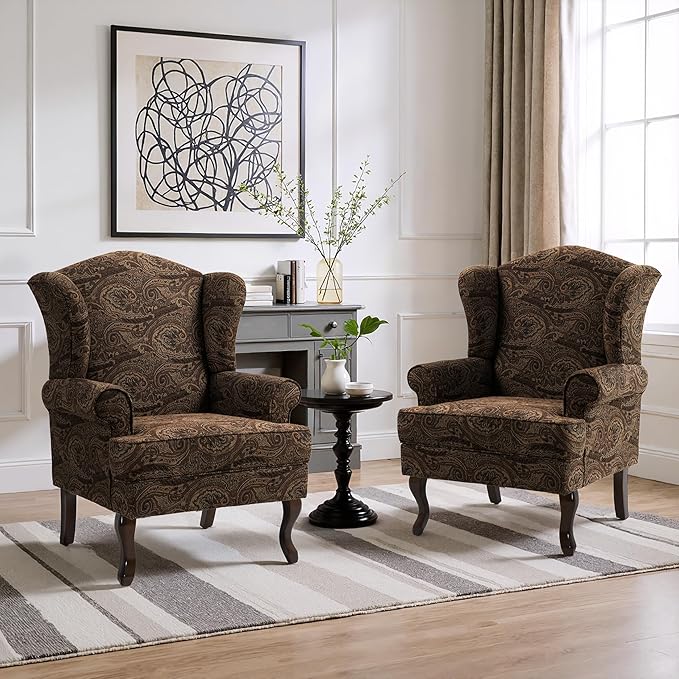 Pia Ricco High Back Floral Accent Chair, Upholstered Fabric Armchair with Solid Wood Legs - Retro Living Room Reading Chair, Comfortable Single Sofa Seat-Cranberry