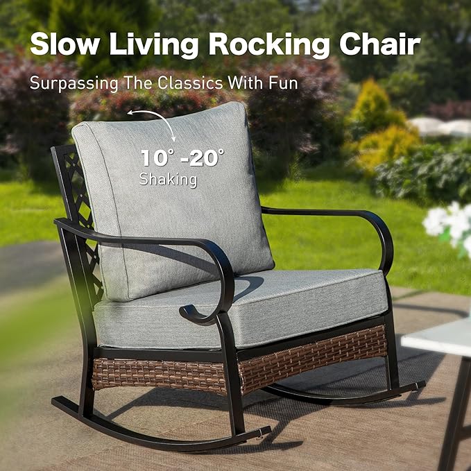 6 Piece Metal Outdoor Patio Furniture Set, Patio Conversation Set with 1 3-Seater & 2 Fixed Sofas, 2 Rocking Sofas, 5.75" Thick Cushion & Coffee Table, Black & Gray Backyard Furniture