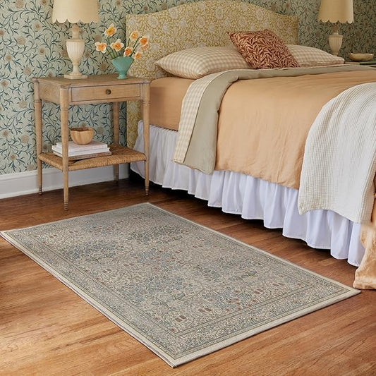 RUGGABLE x Morris & Co Washable Area Rug – Blackthorn Ivory Blue 4x6, Stain-Resistant, Non-Slip – Medium Machine Washable Rugs for Living Room, Bedroom, Hallway, Entryway & Office–with Cushioned Pad