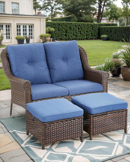 Patio Loveseat Outdoor Wicker Sofa - Heavy Duty All-Weather Brown Rattan 2-Person Sofas with High Back and Comfortable Thick Cushions for Garden Back Porch Poolside Apartment - Navy Blue