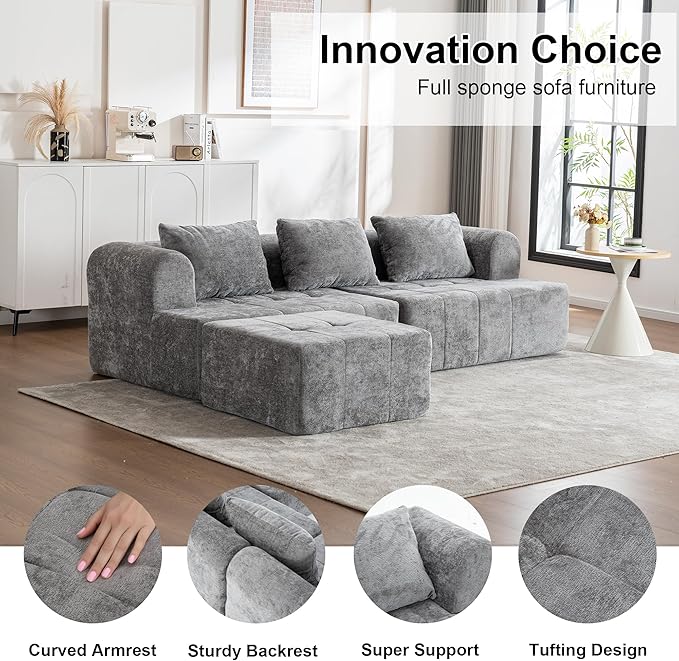 95" Modern Cloud Sectional Sofa Couch, Modular L-Shaped Sofas with Deep Seat and Chaise Ottoman, Chenille Boneless Tufted Couches for Living Room, No Assembly Required, Grey