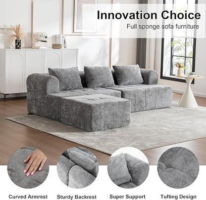 95" Modern Cloud Sectional Sofa Couch, Modular L-Shaped Sofas with Deep Seat and Chaise Ottoman, Chenille Boneless Tufted Couches for Living Room, No Assembly Required, Grey