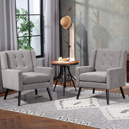 Mid-Century Modern Accent Chair Set of 2, Plush Linen Fabric with Button Tufted High Back & 5" Thick Cushion, High Comfort Reading Chair for Living Room, Bedroom, Office (Light Gray)