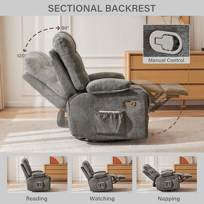 Manual 360°Swivel Rocker Recliner Chair,Single Recliner Seat with Cup Holders,Recliner Chairs for Adults, Upholstered Fabric Lazy Boy Recliner for Bedroom,Living Room,Dark Grey