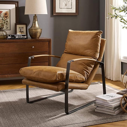 Art Leon Genuine Leather Accent Chair, Mid Century Modern Living Room Chair Lounge Chair with Black Metal Frame, Light Brown