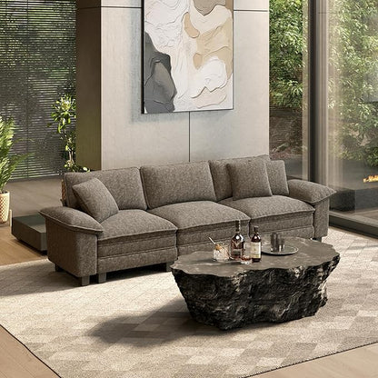 HERA'S HOUSE 124" Modular Sectional Sofa, Oversized Couches for Living Room, Comfy Cloud Couch 3-Seater Deep Seat Sofa with Throw Pillow, Chenille Ash