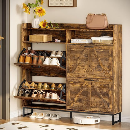 Shoe Cabinet Storage for Entryway, Shoe Storage Cabinet with 4 Flip Drawers, Freestanding Narrow Shoe Rack Organizer with Metal Legs, Adjustable Shelves & Open Storage for Foyer, Hallway, Brown