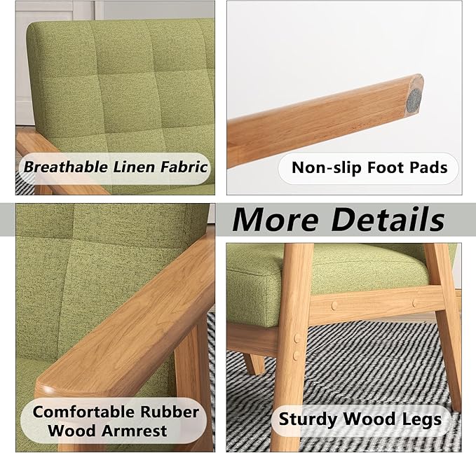 Modern Accent Chair with Wooden Table, Upholstered Linen Fabric Leisure Side Chair with Arm Rest and Wooden Frame for Living Room, Bedroom Reading (Green)