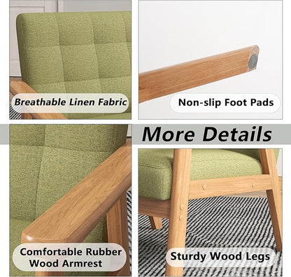 Modern Accent Chair with Wooden Table, Upholstered Linen Fabric Leisure Side Chair with Arm Rest and Wooden Frame for Living Room, Bedroom Reading (Green)