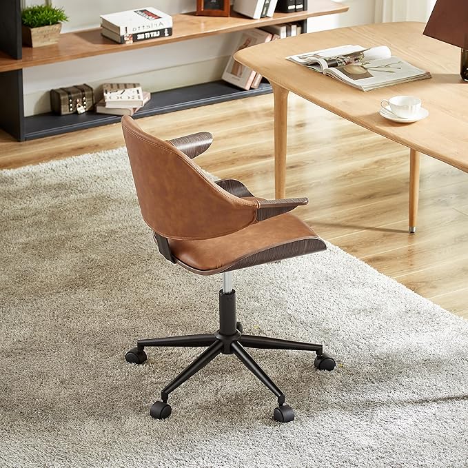 Art Leon Mid Century Desk Chair - Faux Leather Upholstered Swivel Desk Chair, Office Chair with Wheels, Adjustable Height Task Chair with Metal Base, Dark Gray Oak Bentwood, Brown