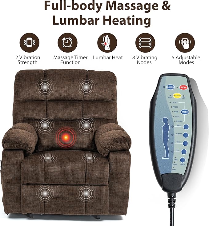 Oversized Zero Gravity Power Lift Recliner Chair for Elderly Adults Big Man Electric Lay Flat Recliner Triple Motor with Heat and Massage, Adjustable Seat Height, Arm Storage, Cup Holder