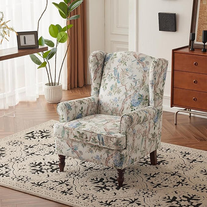 MELLCOM Floral Accent Chair, High Back Upholstered Armchair with Solid Legs, Leisure Single Sofa Chair for Living Room, Bedroom, Home Office, Light Blue Floral&Bird