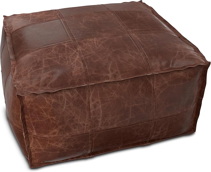 SIMPLIHOME Sheffield Boho Square Pouf in Distressed Brown Leather for the Living Room, Bedroom and Kids Room