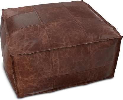 SIMPLIHOME Sheffield Boho Square Pouf in Distressed Brown Leather for the Living Room, Bedroom and Kids Room