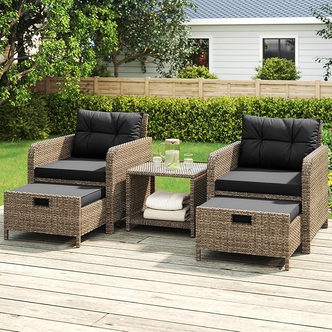 Balcony Furniture 5 Pieces Patio Set, Hand-Woven Rattan Patio Conversation Set with Soft Cushions & Coffee Table, Outdoor Chairs with Hidden Ottoman for Porch, Lawn, Garden, Balcony, Black