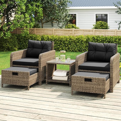 Balcony Furniture 5 Pieces Patio Set, Hand-Woven Rattan Patio Conversation Set with Soft Cushions & Coffee Table, Outdoor Chairs with Hidden Ottoman for Porch, Lawn, Garden, Balcony, Black