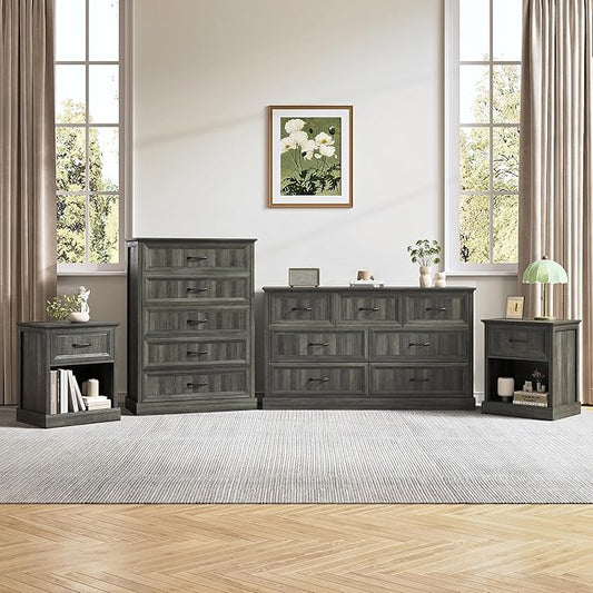 Farmhouse Dresser and Nightstand Sets, 4Pcs Bedroom Furniture Set, Nightstand Set of 2 & 55" Wide 7 Drawer and 44" Tall 5 Drawer Dresser with Large Drawers & Bar Handles, Grey