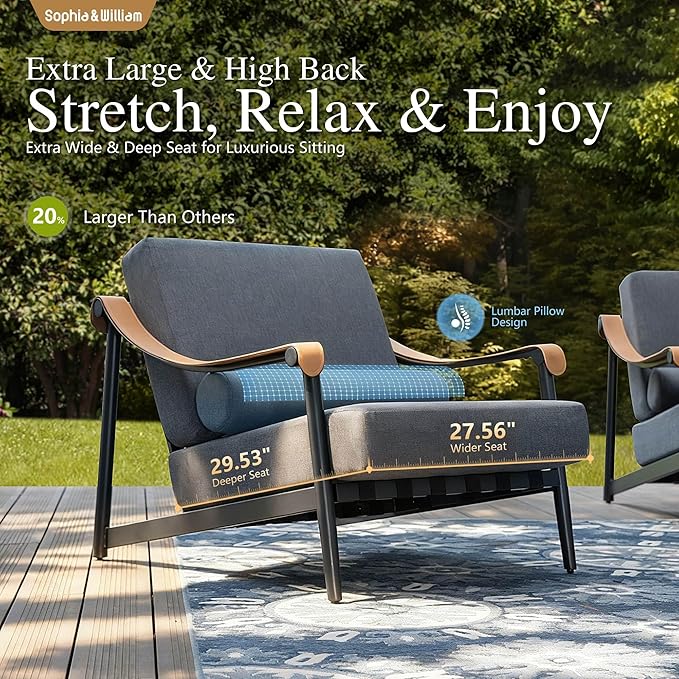 Sophia & William Luxury Patio Furniture Set Outdoor Conversation Set 6pcs, 6.3" Extra Thick Cushion Heavy Duty with Extra Wide & Deep Seat for 4, Side Table with Coffee Table for Pool Garden Backyard