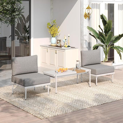 Sundale Outdoor 3 Pieces Patio Furniture Set, Metal Outdoor Sectional Sofa with 6 Inch Olefin Cushion and Coffee Table, All-Weather Modern Outdoor Conversation Sets (Wihte Frame)