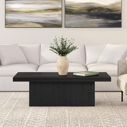 Henn&Hart 48" Fluted Low-Profile Rectangular Coffee Table with Solid Base for Living Room, Family Room, or Office, Black Grain
