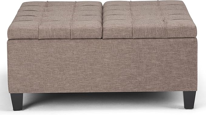 SIMPLIHOME Harrison Coffee Table Storage Ottoman - 36 inch Wide Upholstered Linen Look Fabric Square Lift-Top Ottoman in Fawn Brown, Transitional Ottoman for Living Room with Hidden Storage