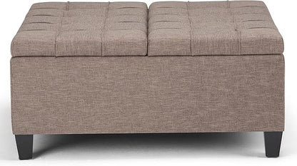 SIMPLIHOME Harrison Coffee Table Storage Ottoman - 36 inch Wide Upholstered Linen Look Fabric Square Lift-Top Ottoman in Fawn Brown, Transitional Ottoman for Living Room with Hidden Storage