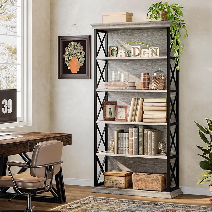 Tribesigns 71-Inch Tall Bookcase, 5-Tier Industrial Metal Bookshelf, Large Etagere Bookcases and Bookshelves, Freestanding Display Shelves for Living Room, Bedroom, Gray and Black (Set of 2)