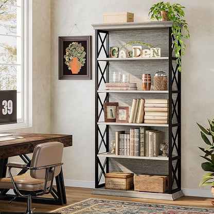 Tribesigns 71-Inch Tall Bookcase, 5-Tier Industrial Metal Bookshelf, Large Etagere Bookcases and Bookshelves, Freestanding Display Shelves for Living Room, Bedroom, Gray and Black (Set of 2)